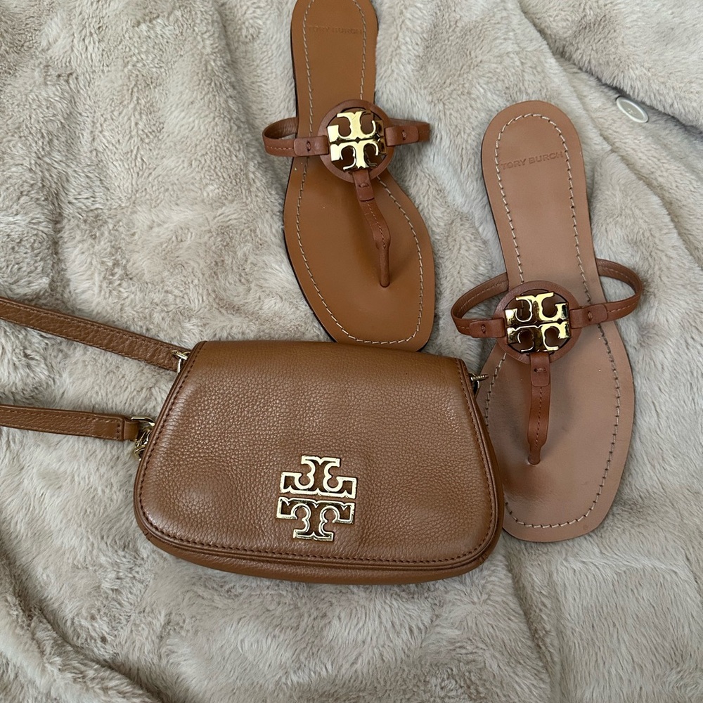 Tory Burch Brown Leather Crossbody Bag and Tory Burch  Sandals Set